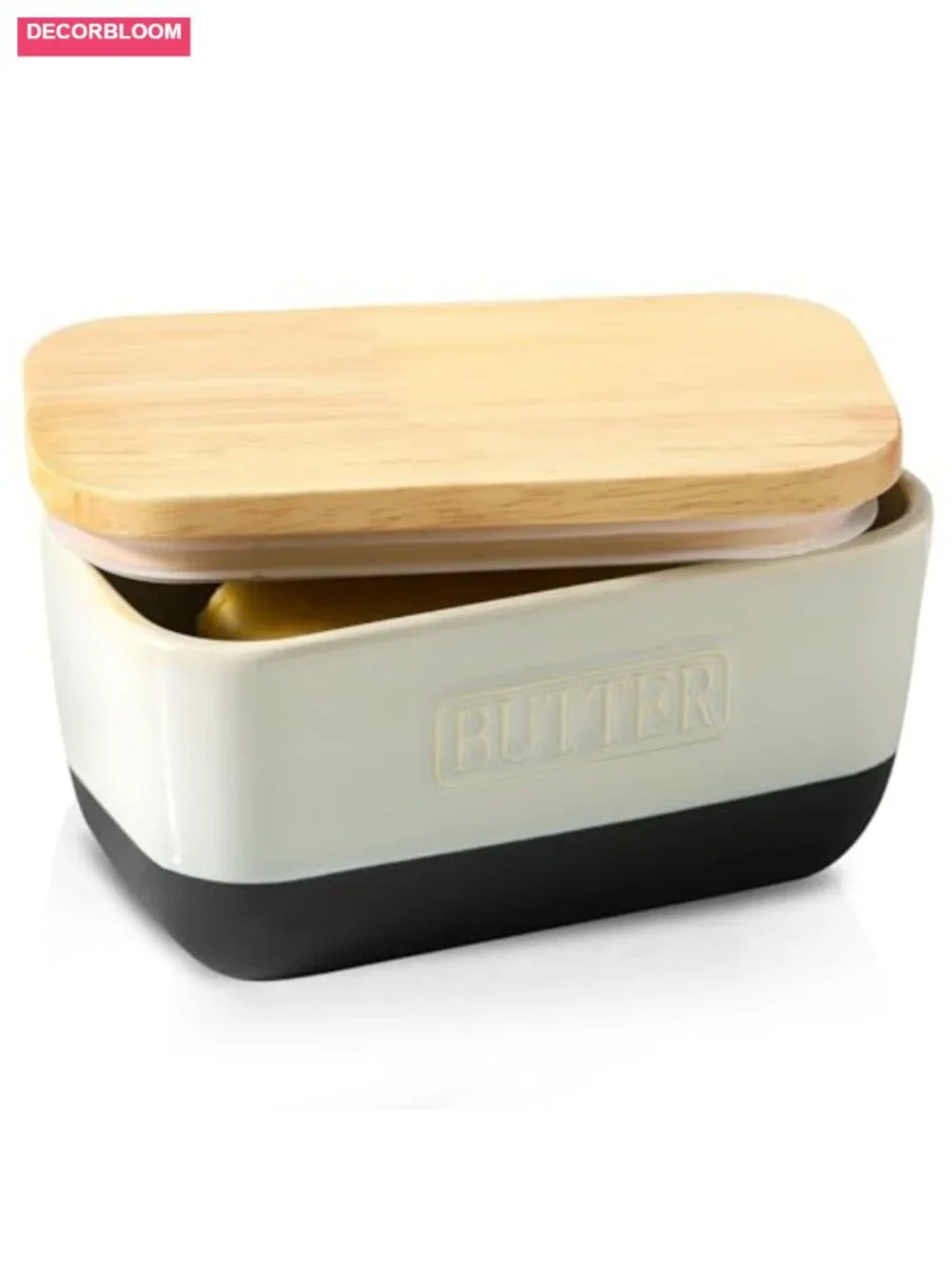 Ceramic Butter Dish with Wooden Lid Airtight Keeper Farmhouse